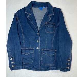90s Womens Barn Coat Style Denim Blazer Jacket Blue Button Front Pockets Size 18